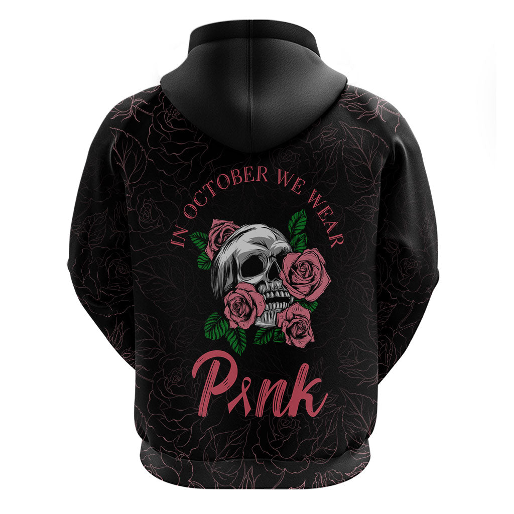 In October We Wear Pink Zip Hoodie Skull and Roses - Black