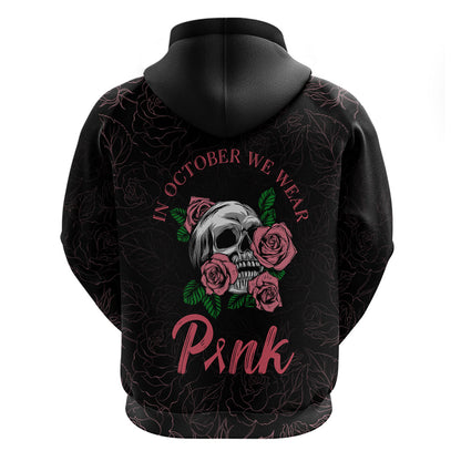 In October We Wear Pink Zip Hoodie Skull and Roses - Black