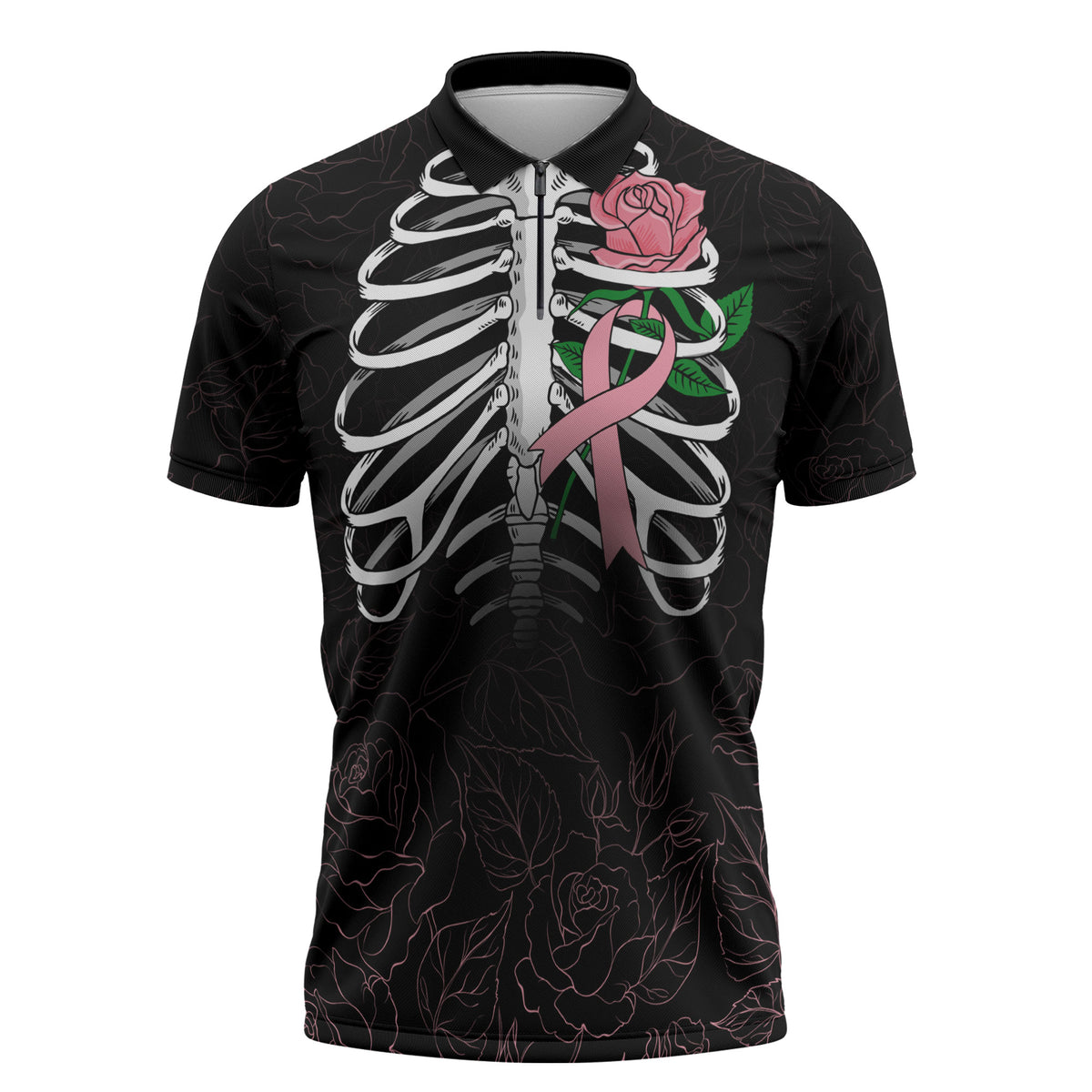 In October We Wear Pink Zipper Polo Shirt Skull and Roses - Black