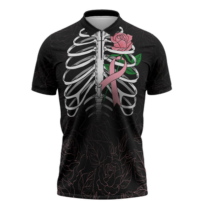 In October We Wear Pink Zipper Polo Shirt Skull and Roses - Black