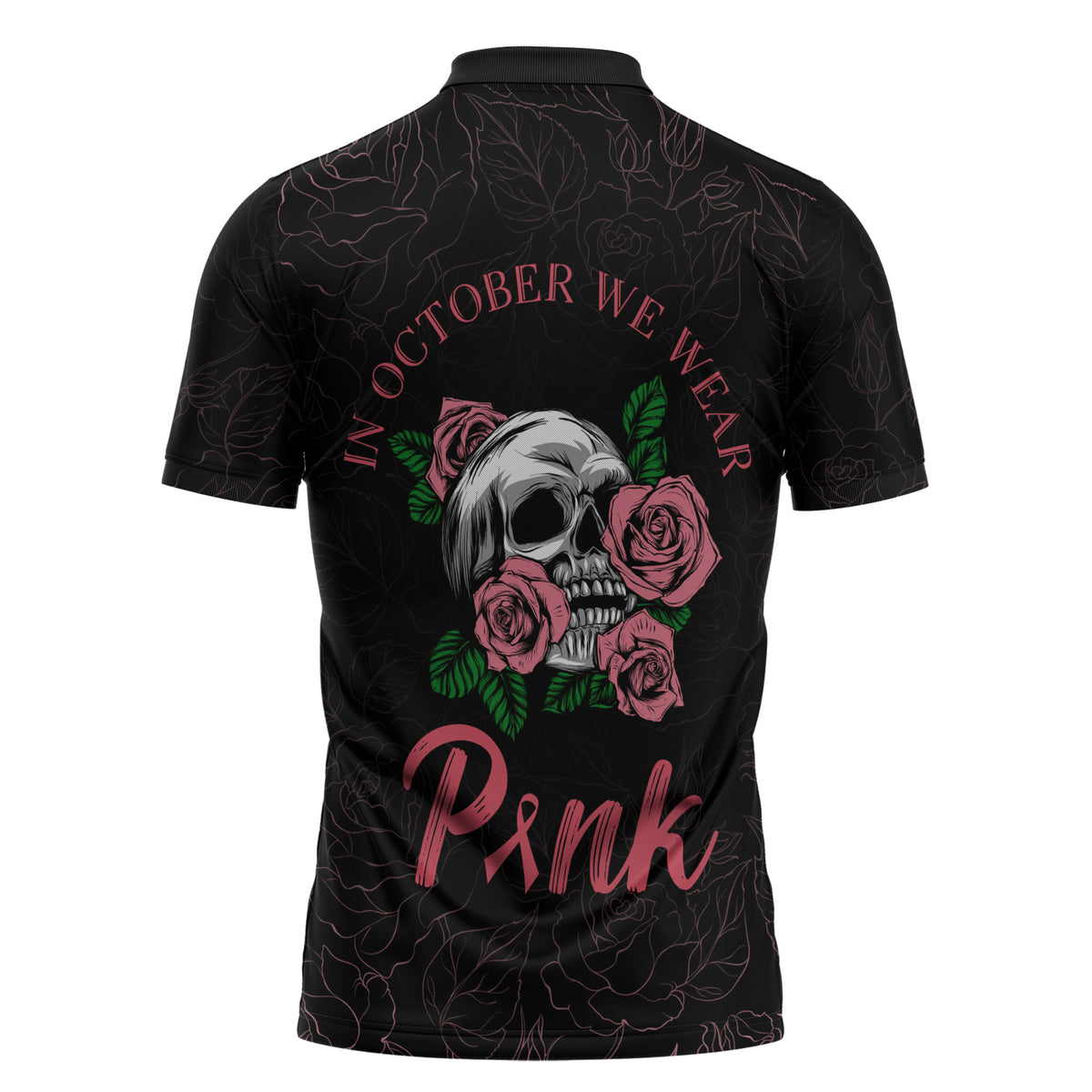 In October We Wear Pink Zipper Polo Shirt Skull and Roses - Black