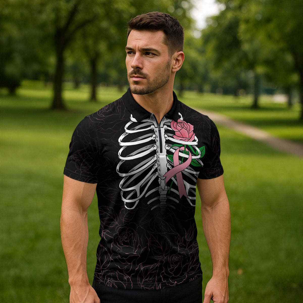 In October We Wear Pink Zipper Polo Shirt Skull and Roses - Black