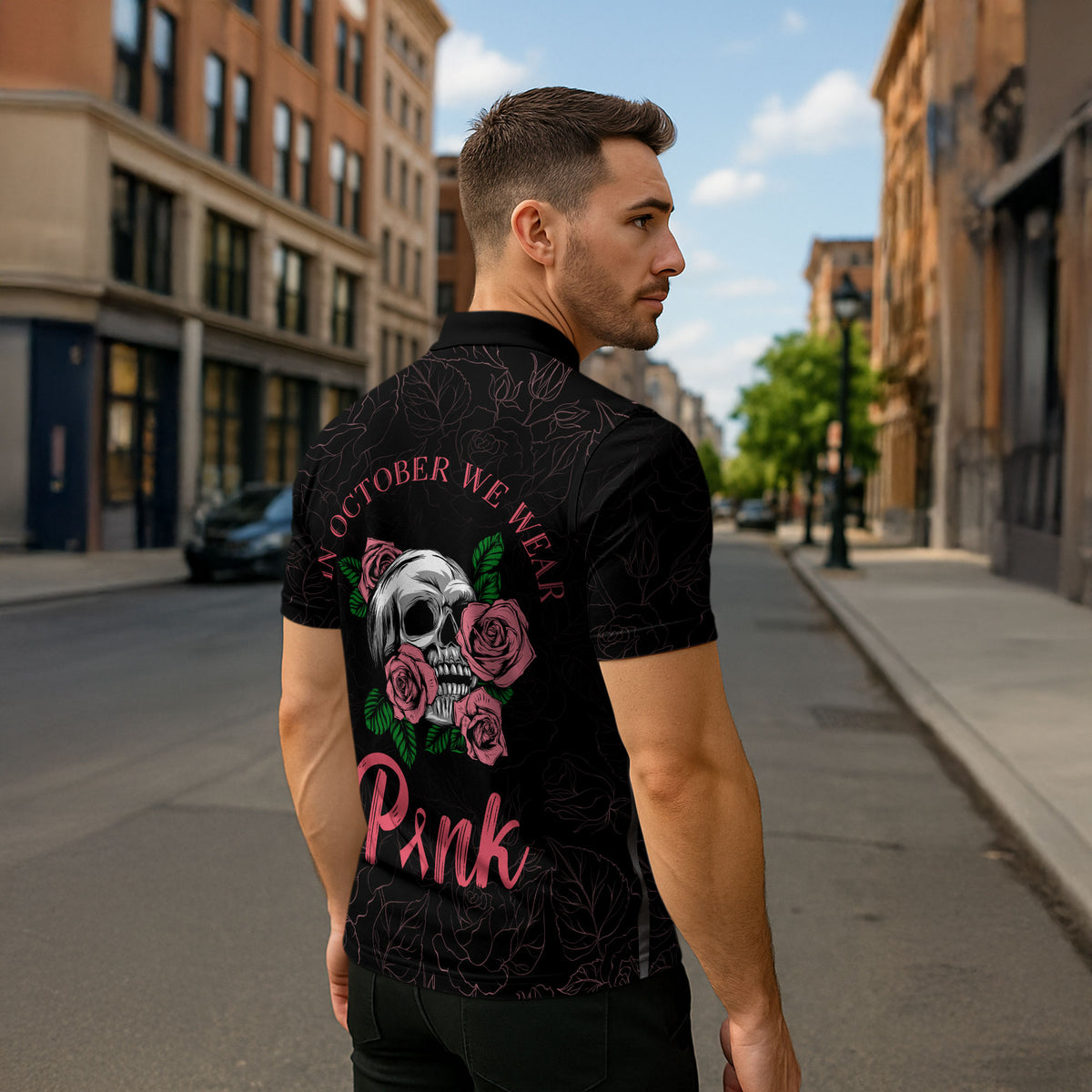 In October We Wear Pink Zipper Polo Shirt Skull and Roses - Black