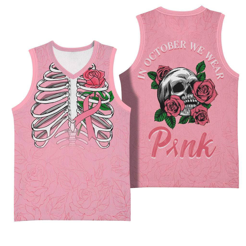 In October We Wear Pink Basketball Jersey Skull and Roses - Pink