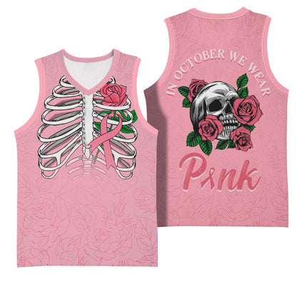 In October We Wear Pink Basketball Jersey Skull and Roses - Pink