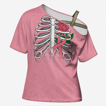 In October We Wear Pink Cross Shoulder Shirt Skull and Roses - Pink