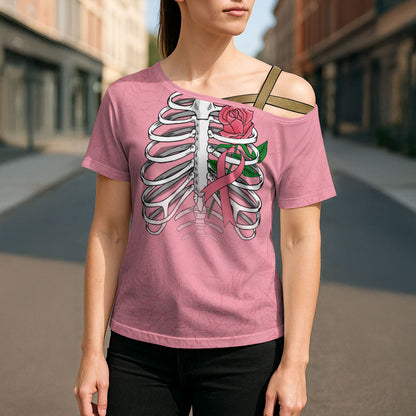 In October We Wear Pink Cross Shoulder Shirt Skull and Roses - Pink