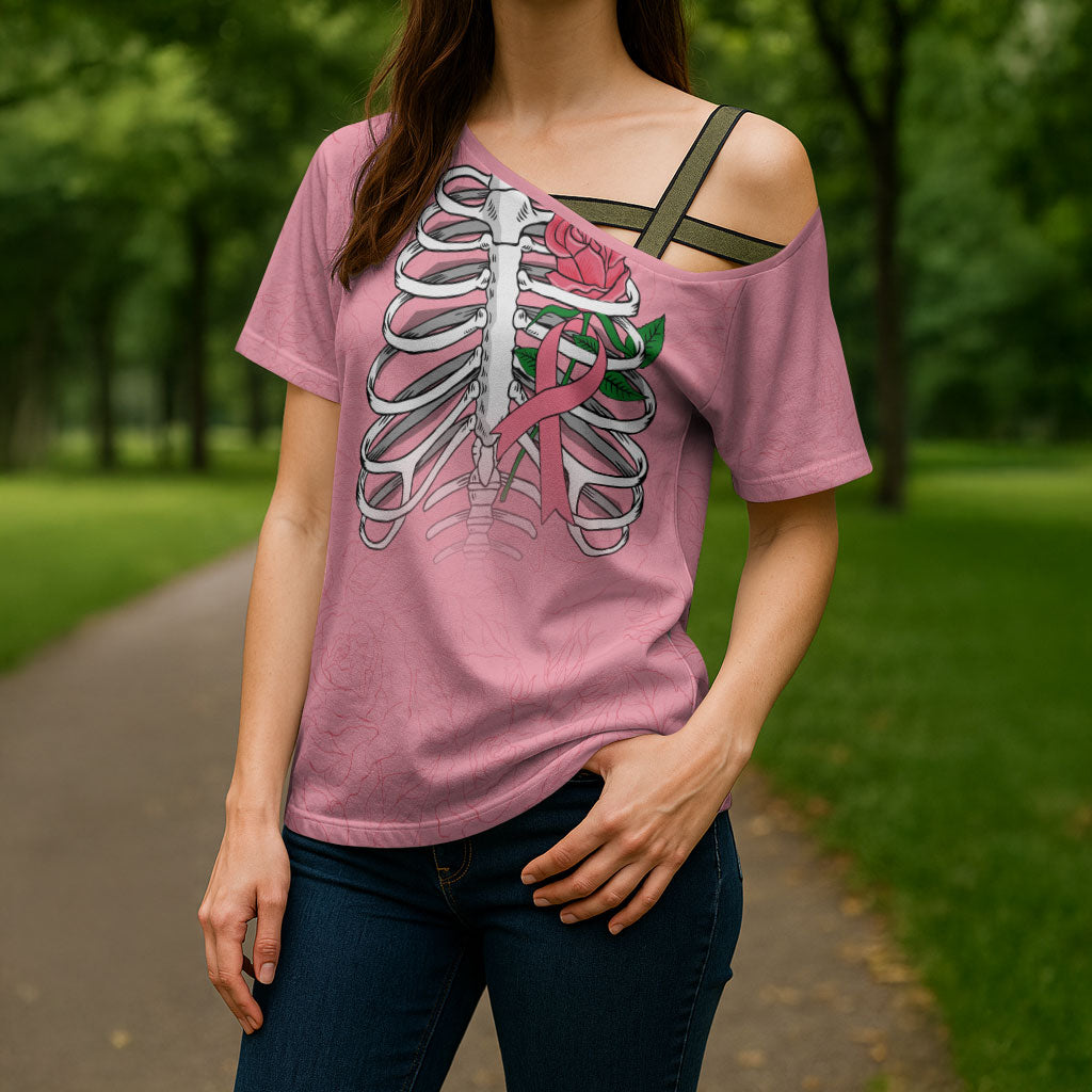 In October We Wear Pink Cross Shoulder Shirt Skull and Roses - Pink