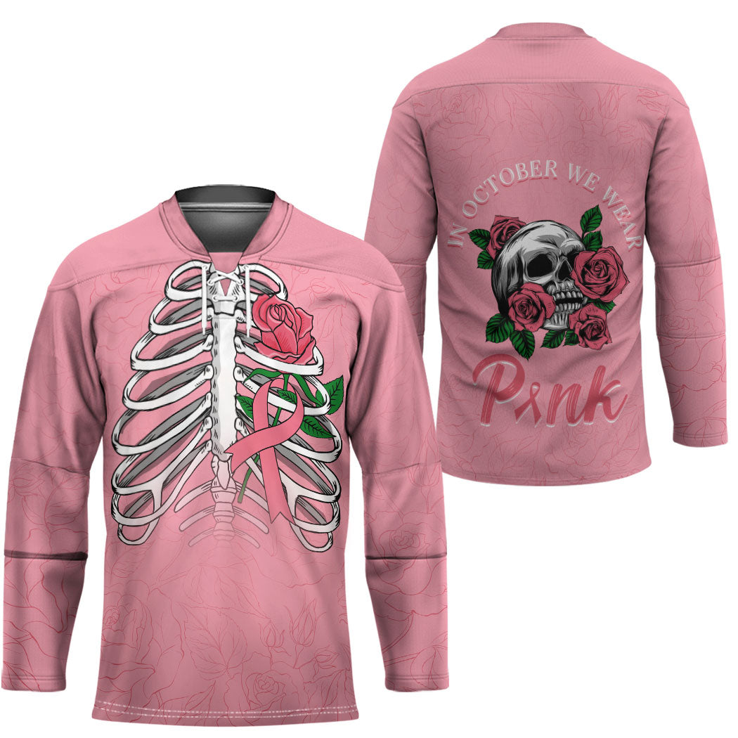 In October We Wear Pink Hockey Jersey Skull and Roses - Pink