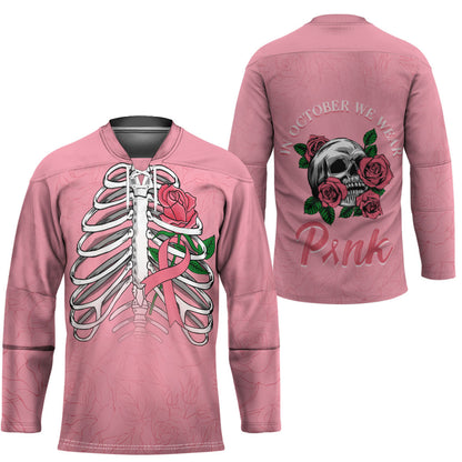 In October We Wear Pink Hockey Jersey Skull and Roses - Pink