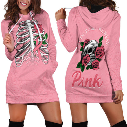 In October We Wear Pink Hoodie Dress Skull and Roses - Pink