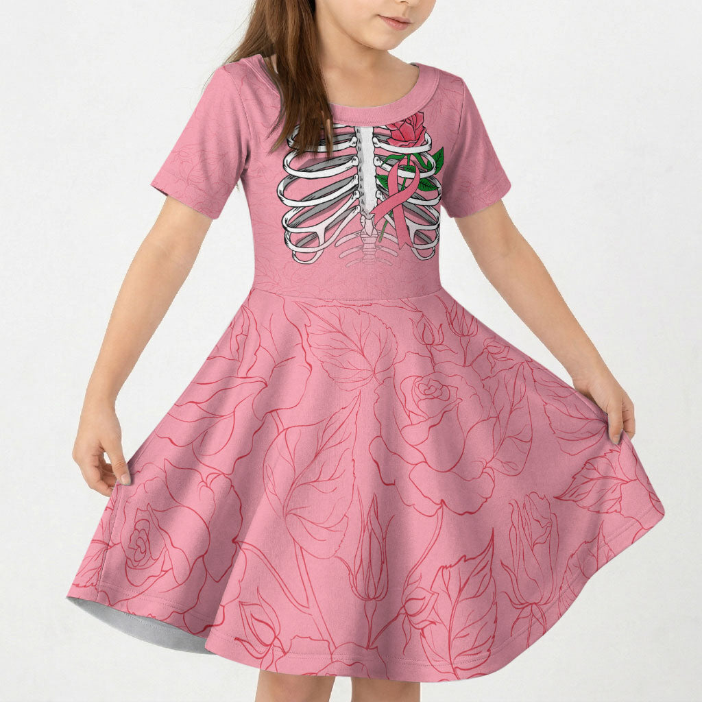 In October We Wear Pink Kid Short Sleeve Dress Skull and Roses - Pink