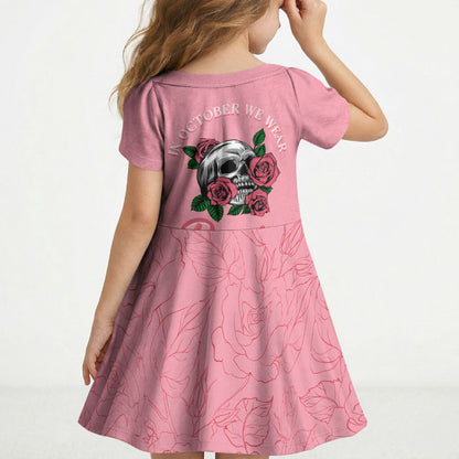 In October We Wear Pink Kid Short Sleeve Dress Skull and Roses - Pink