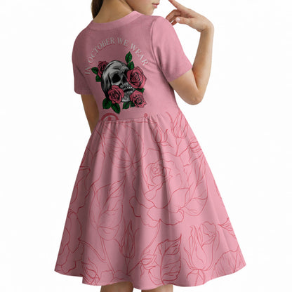 In October We Wear Pink Kid Short Sleeve Dress Skull and Roses - Pink