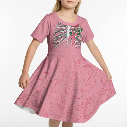 In October We Wear Pink Kid Short Sleeve Dress Skull and Roses - Pink