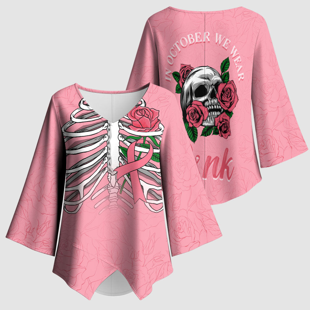 In October We Wear Pink Kimono Sleeve Blouse Skull and Roses - Pink
