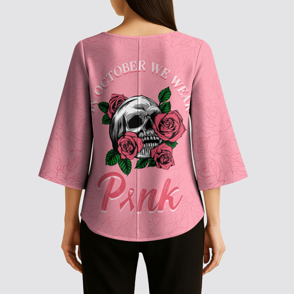 In October We Wear Pink Kimono Sleeve Blouse Skull and Roses - Pink