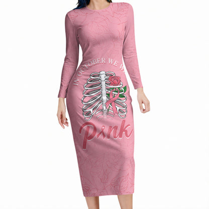 In October We Wear Pink Long Sleeve Bodycon Dress Skull and Roses - Pink