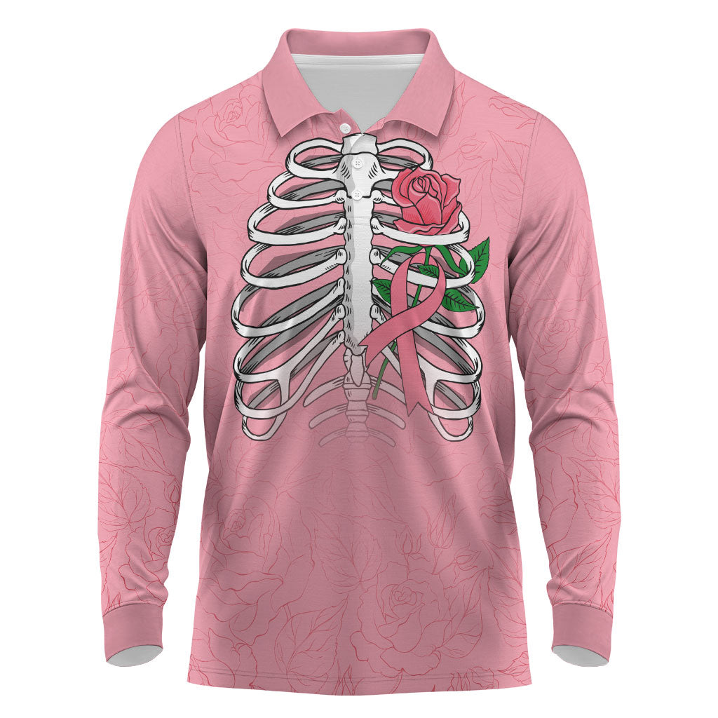 In October We Wear Pink Long Sleeve Polo Shirt Skull and Roses - Pink