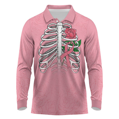 In October We Wear Pink Long Sleeve Polo Shirt Skull and Roses - Pink