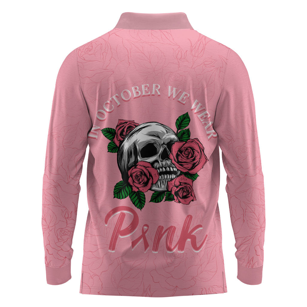 In October We Wear Pink Long Sleeve Polo Shirt Skull and Roses - Pink