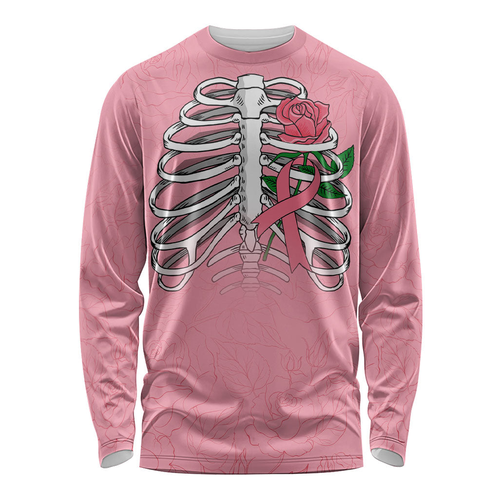 In October We Wear Pink Long Sleeve Shirt Skull and Roses - Pink