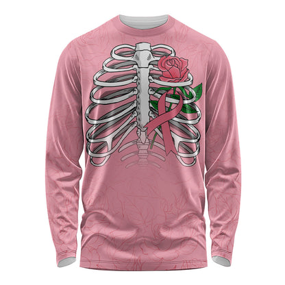 In October We Wear Pink Long Sleeve Shirt Skull and Roses - Pink