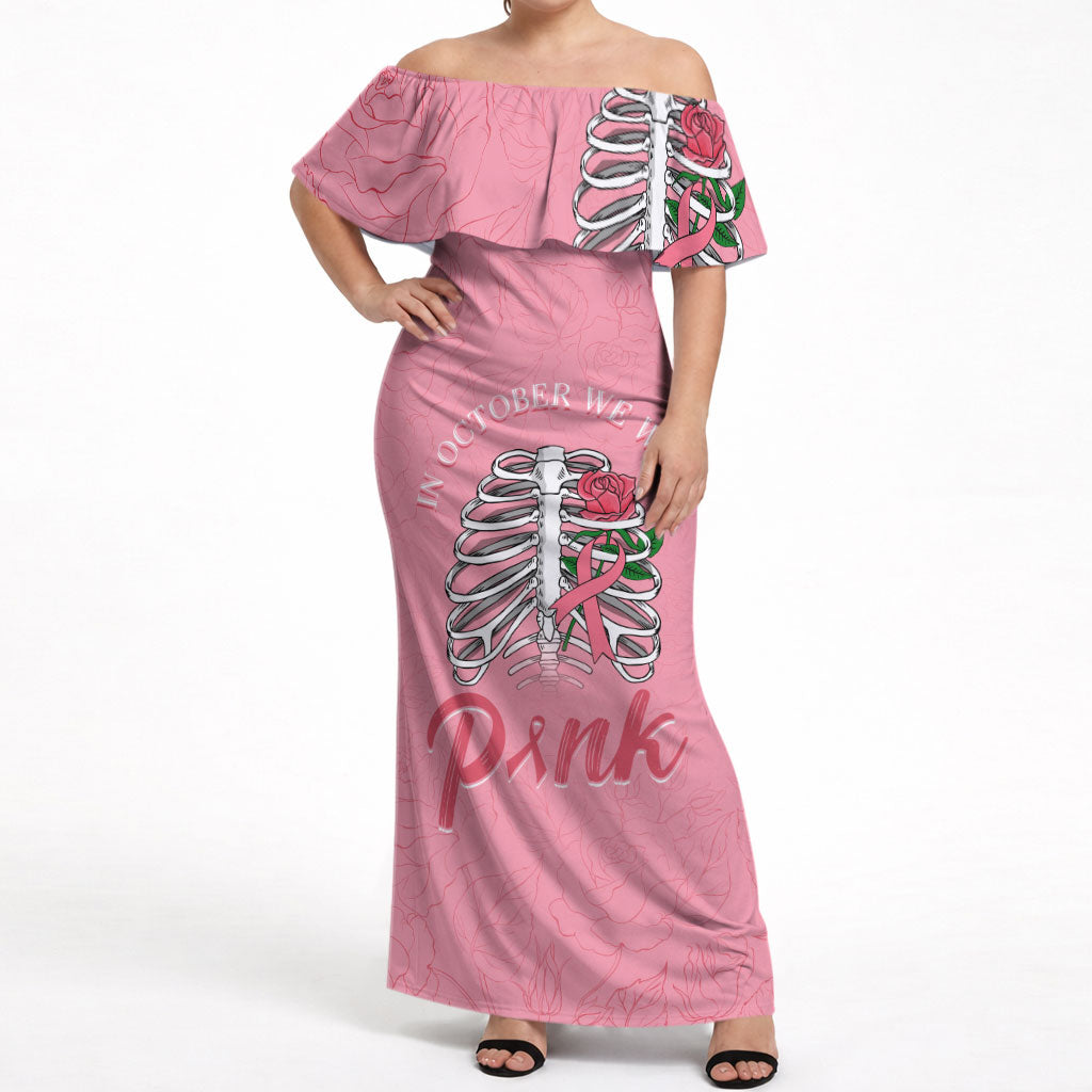 In October We Wear Pink Off Shoulder Maxi Dress Skull and Roses - Pink