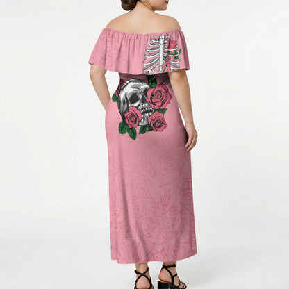 In October We Wear Pink Off Shoulder Maxi Dress Skull and Roses - Pink