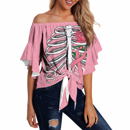 In October We Wear Pink Off Shoulder Wrap Waist Top Skull and Roses - Pink