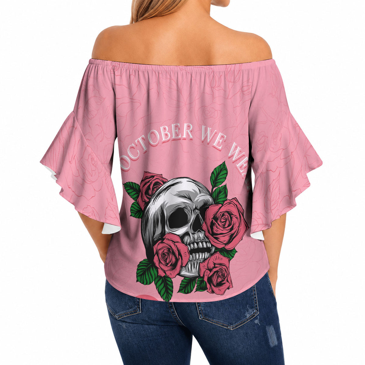 In October We Wear Pink Off Shoulder Wrap Waist Top Skull and Roses - Pink