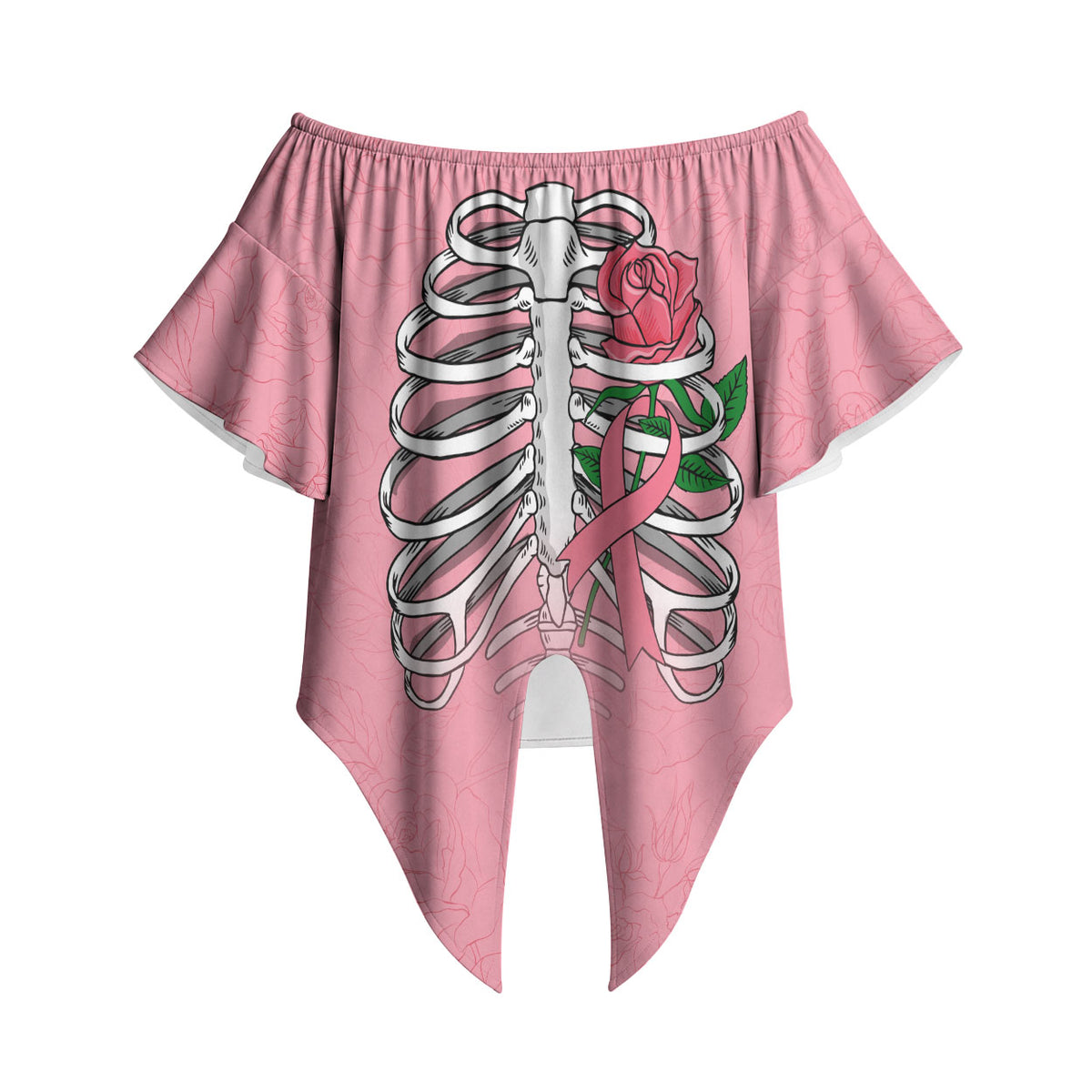 In October We Wear Pink Off Shoulder Wrap Waist Top Skull and Roses - Pink