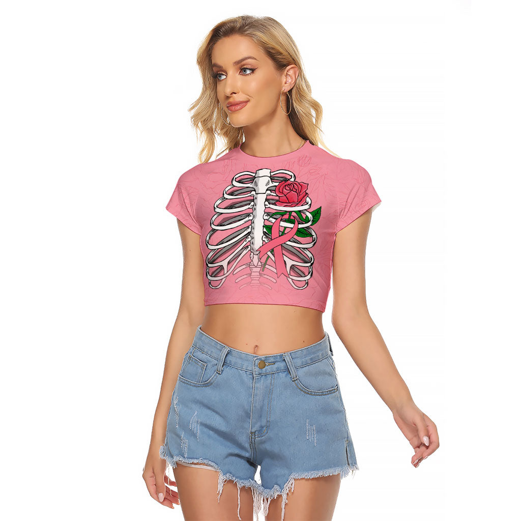In October We Wear Pink Raglan Cropped T Shirt Skull and Roses - Pink