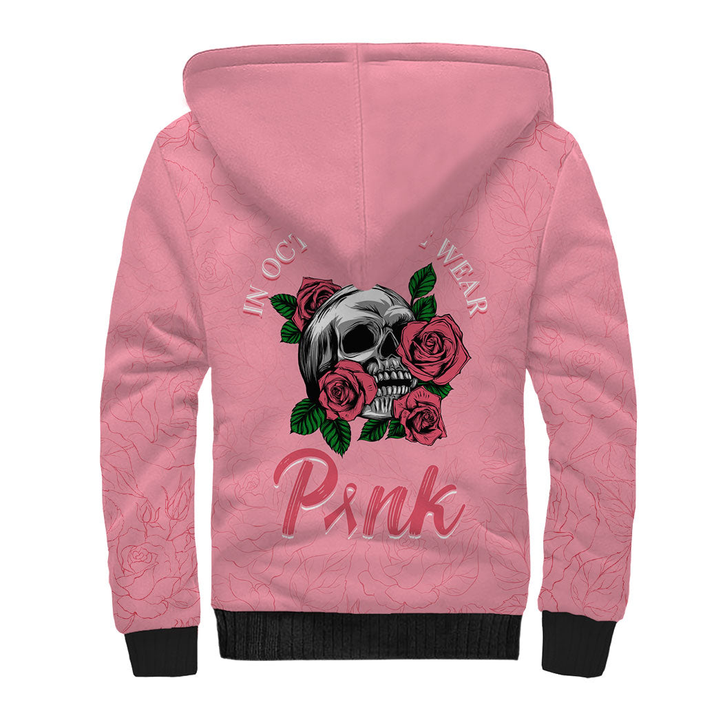 In October We Wear Pink Sherpa Hoodie Skull and Roses - Pink
