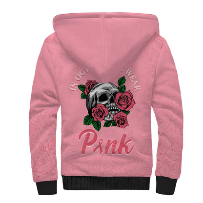 In October We Wear Pink Sherpa Hoodie Skull and Roses - Pink