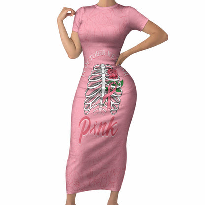 In October We Wear Pink Short Sleeve Bodycon Dress Skull and Roses - Pink