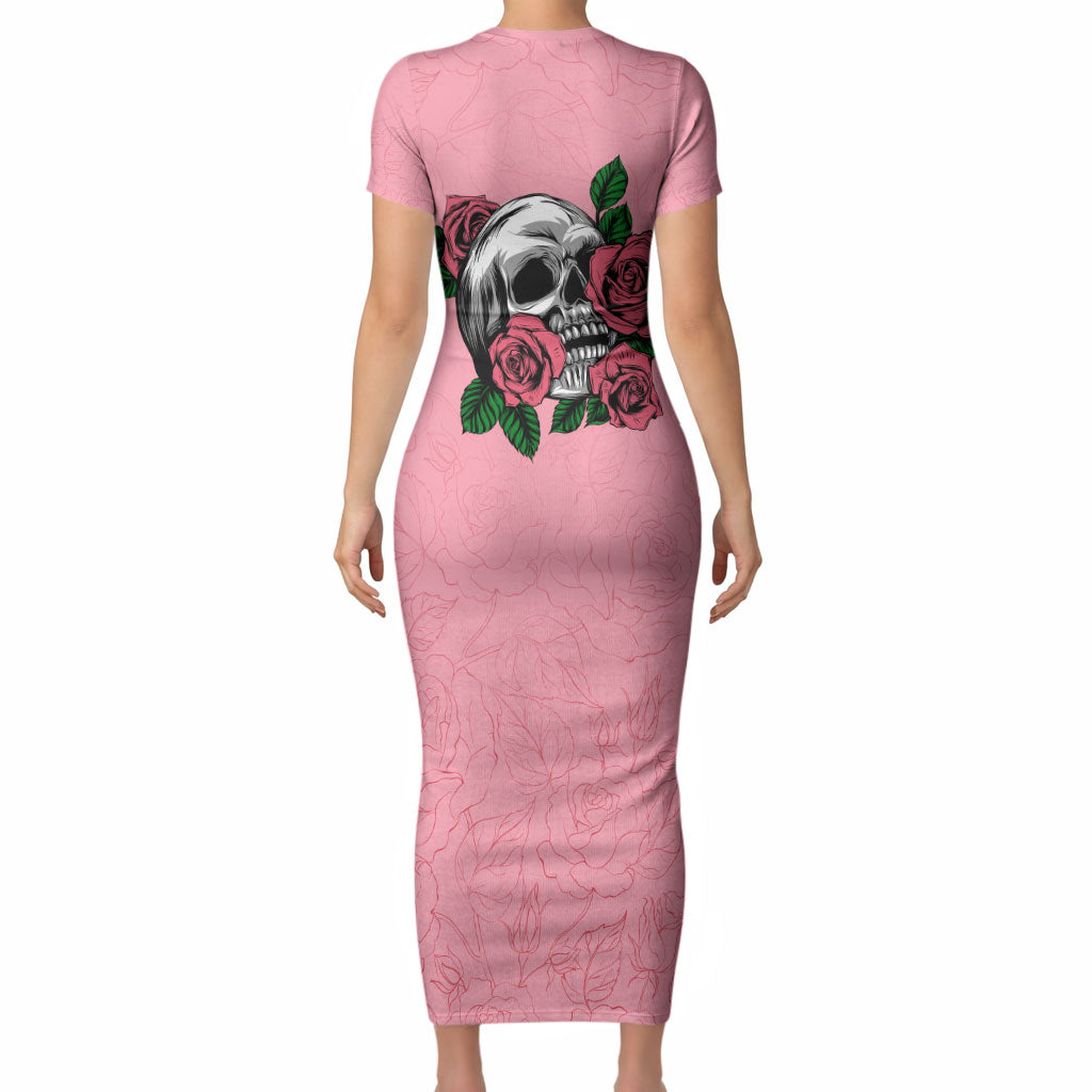 In October We Wear Pink Short Sleeve Bodycon Dress Skull and Roses - Pink