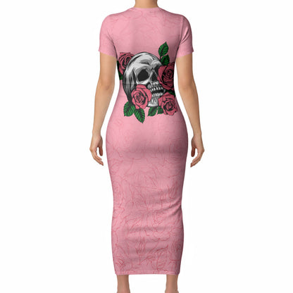 In October We Wear Pink Short Sleeve Bodycon Dress Skull and Roses - Pink