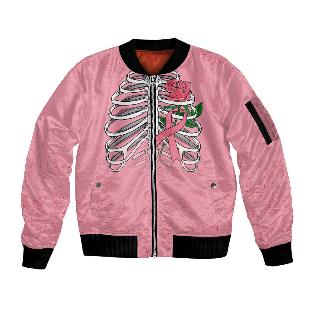 In October We Wear Pink Sleeve Zip Bomber Jacket Skull and Roses - Pink