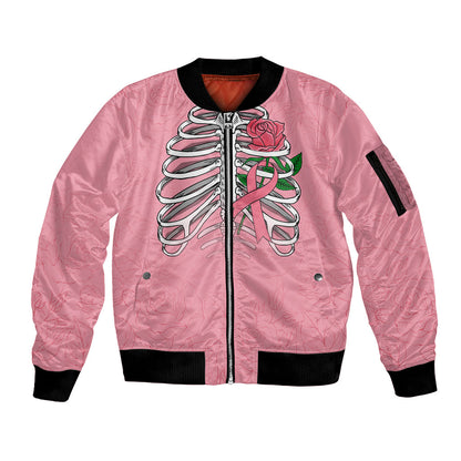 In October We Wear Pink Sleeve Zip Bomber Jacket Skull and Roses - Pink