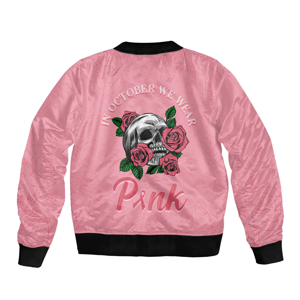 In October We Wear Pink Sleeve Zip Bomber Jacket Skull and Roses - Pink