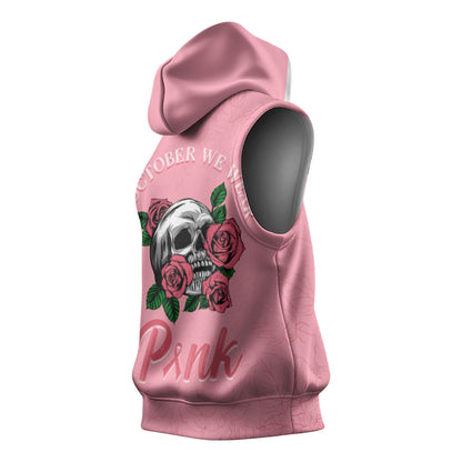 In October We Wear Pink Sleeveless Hoodie Skull and Roses - Pink
