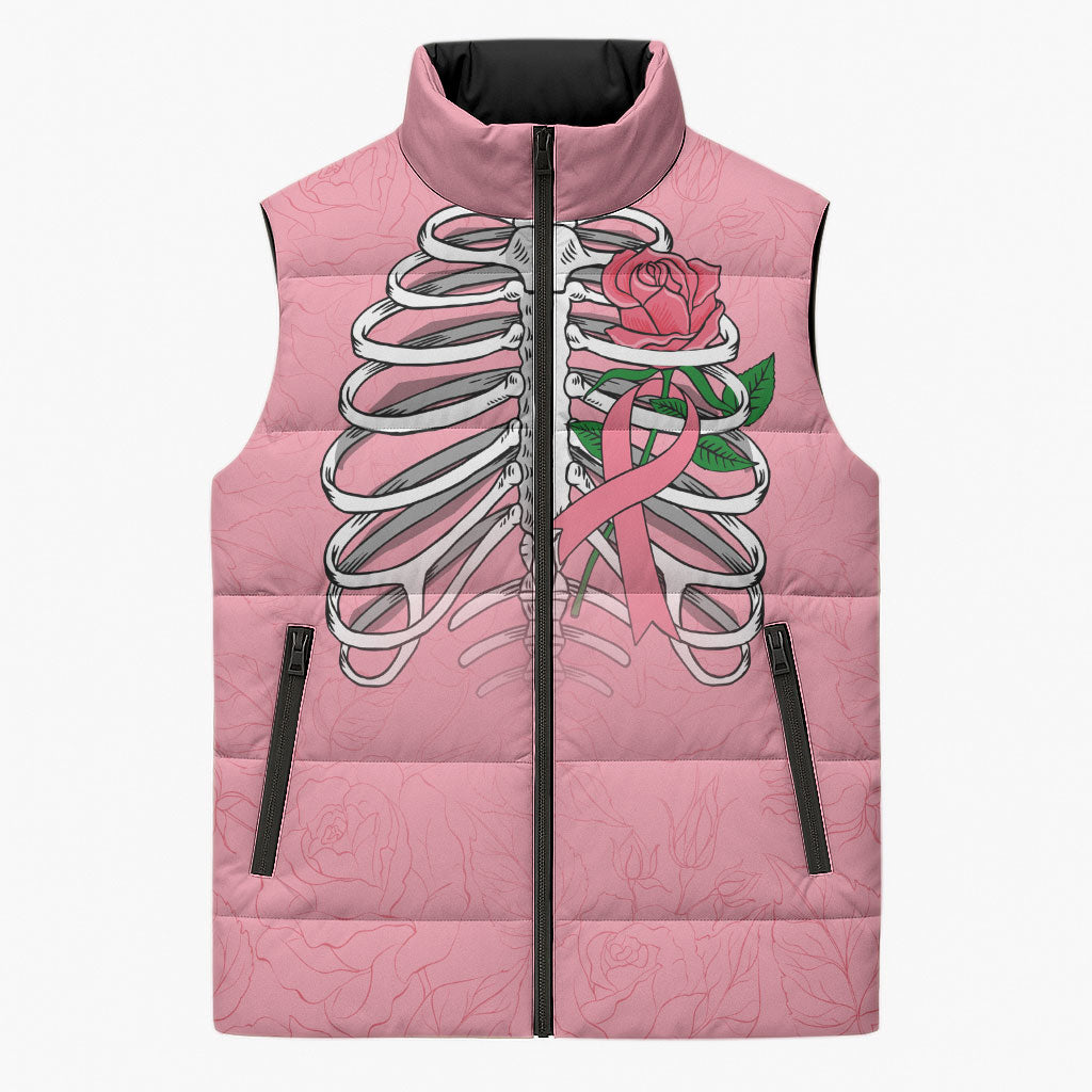 In October We Wear Pink Sleeveless Puffer Jacket Skull and Roses - Pink