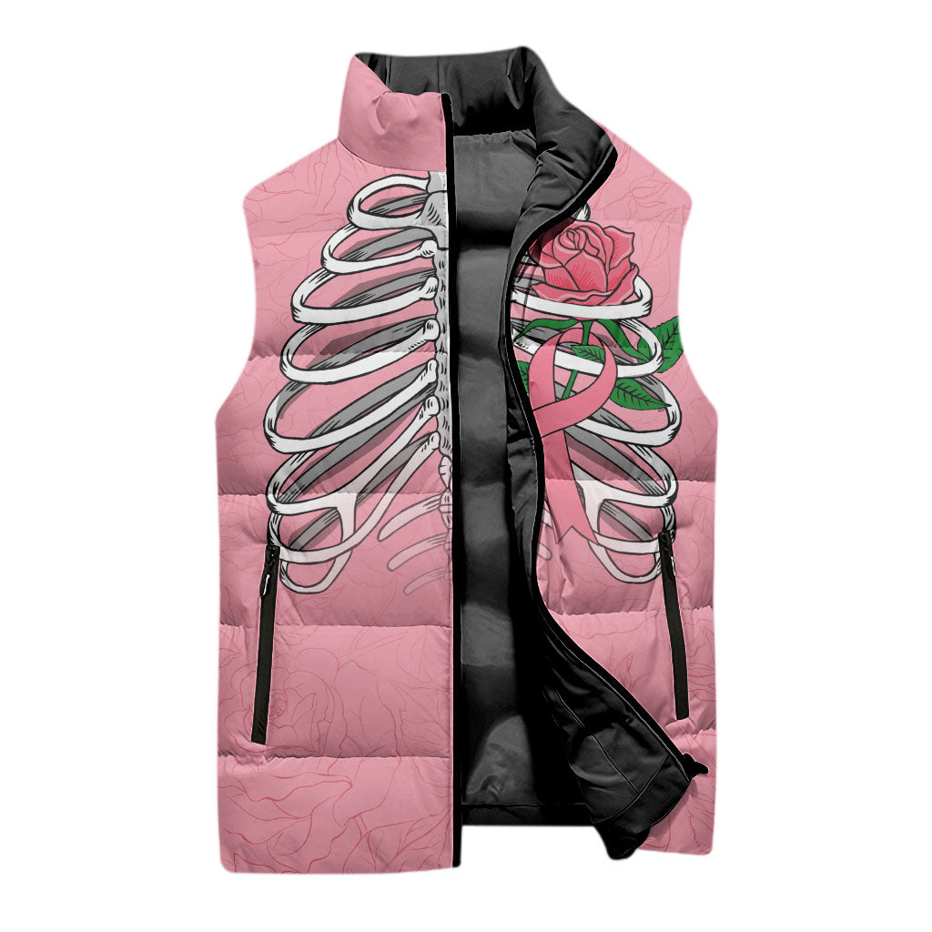 In October We Wear Pink Sleeveless Puffer Jacket Skull and Roses - Pink