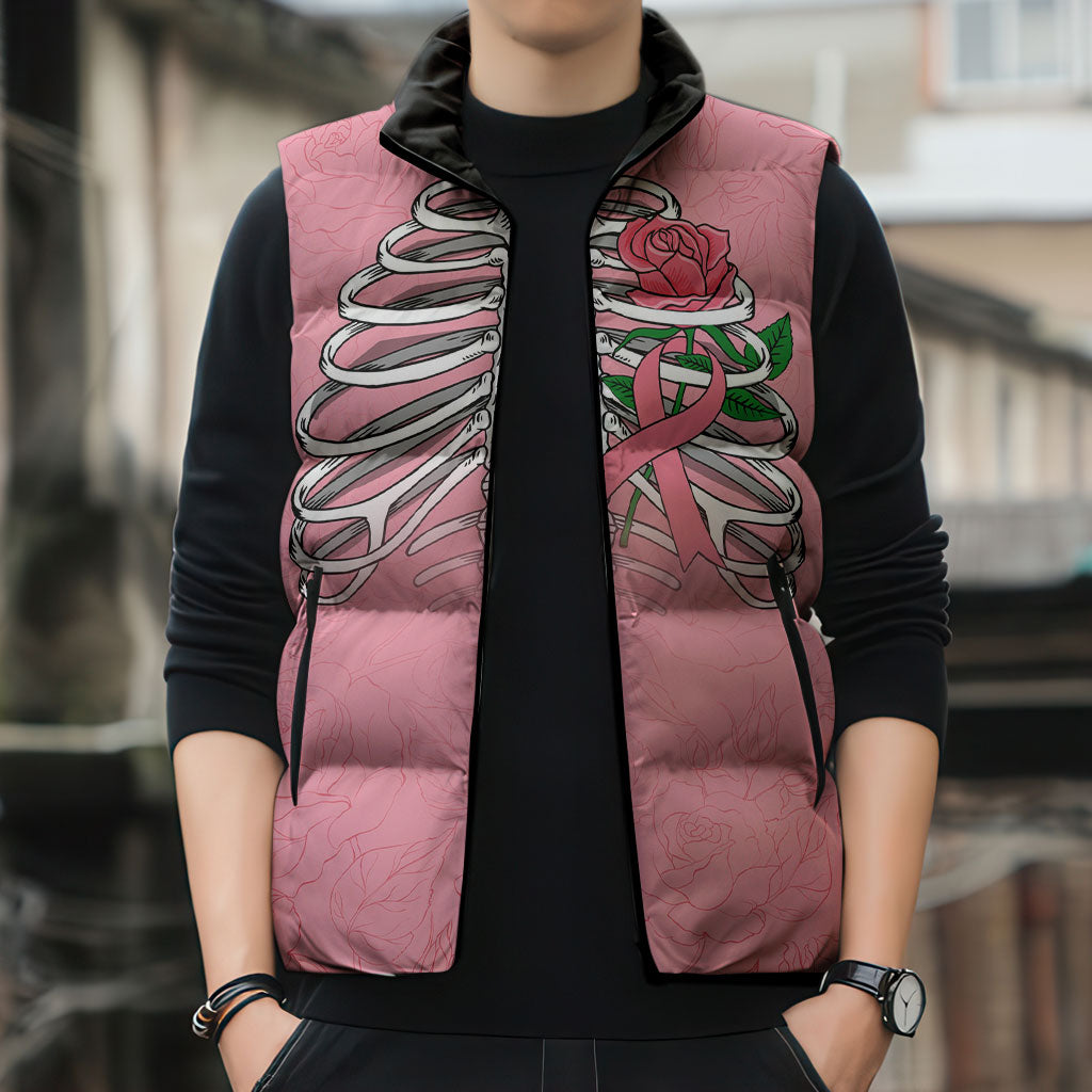 In October We Wear Pink Sleeveless Puffer Jacket Skull and Roses - Pink