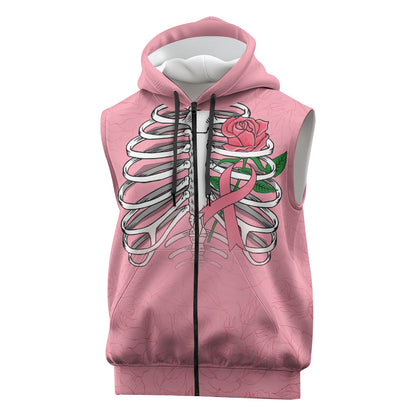 In October We Wear Pink Sleeveless Zip Hoodie Skull and Roses - Pink