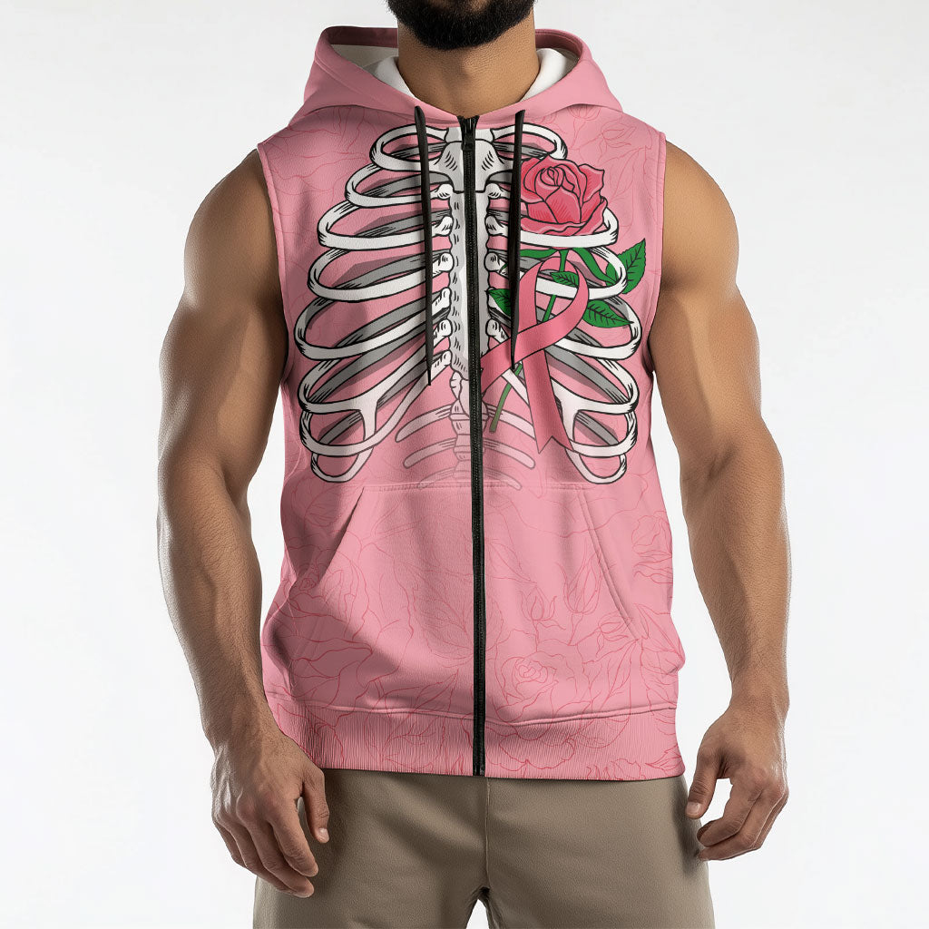 In October We Wear Pink Sleeveless Zip Hoodie Skull and Roses - Pink