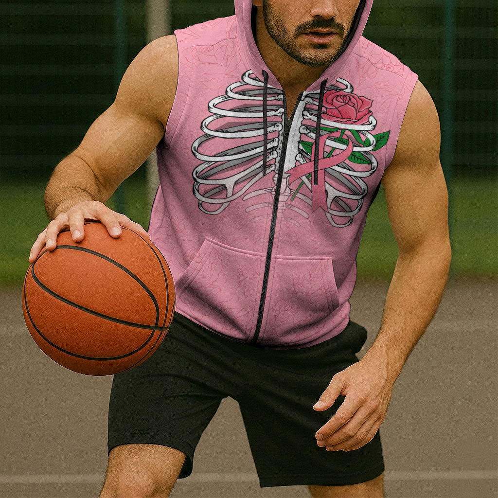 In October We Wear Pink Sleeveless Zip Hoodie Skull and Roses - Pink
