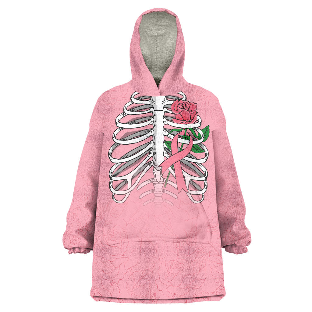 In October We Wear Pink Wearable Blanket Hoodie Skull and Roses - Pink