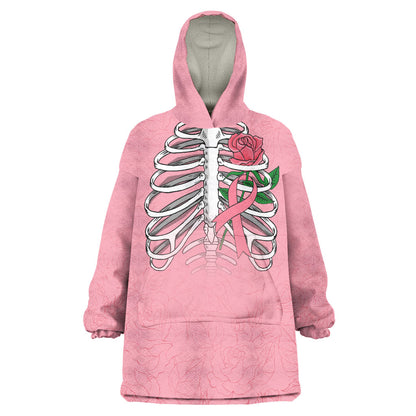 In October We Wear Pink Wearable Blanket Hoodie Skull and Roses - Pink